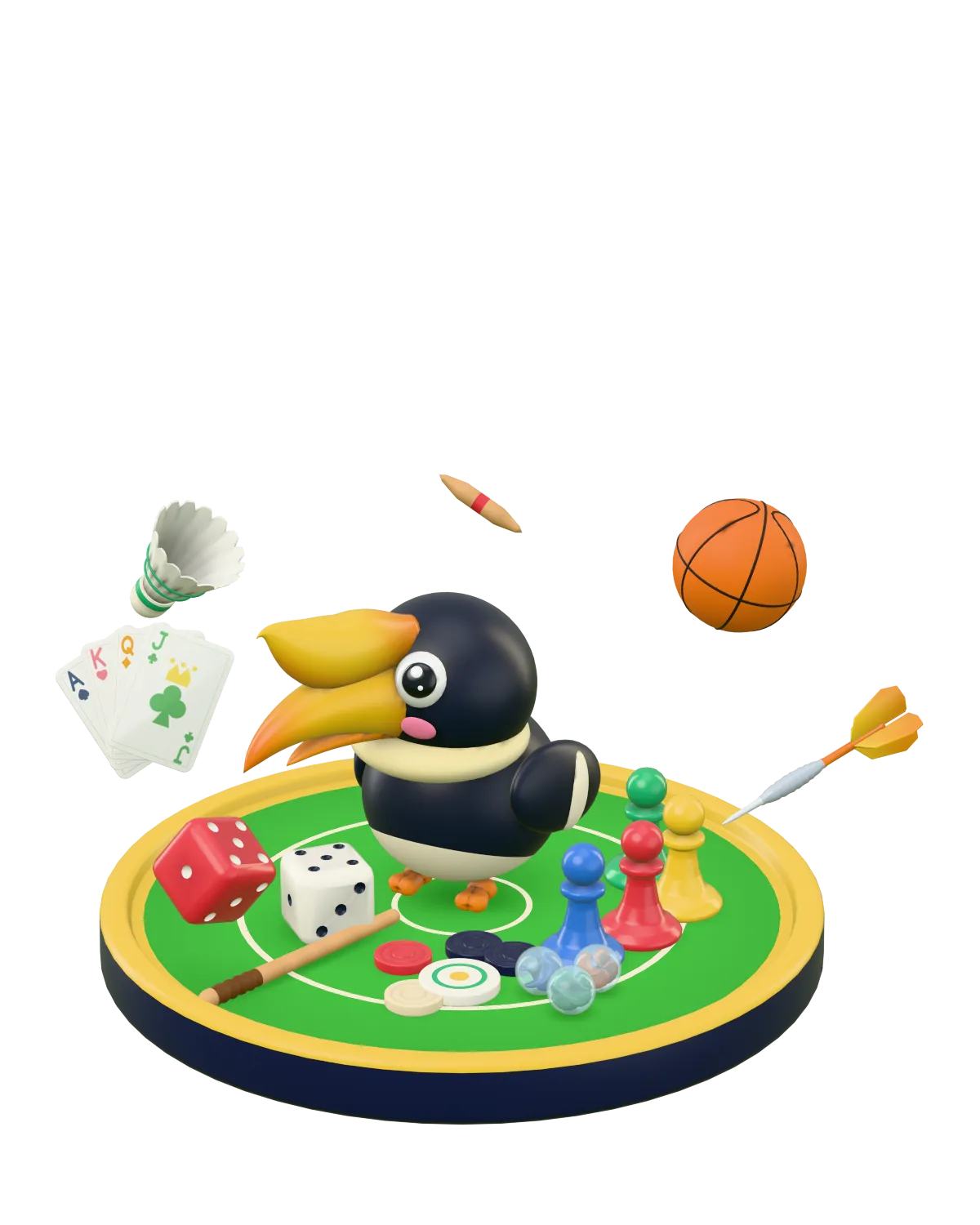 Bill the hornbill, the Hornbill Games mascot, on a toy game table with dice, ludo pawns, carrom coins, cards, marbles, a dart, a basketball, a shuttlecock and a gilli-danda